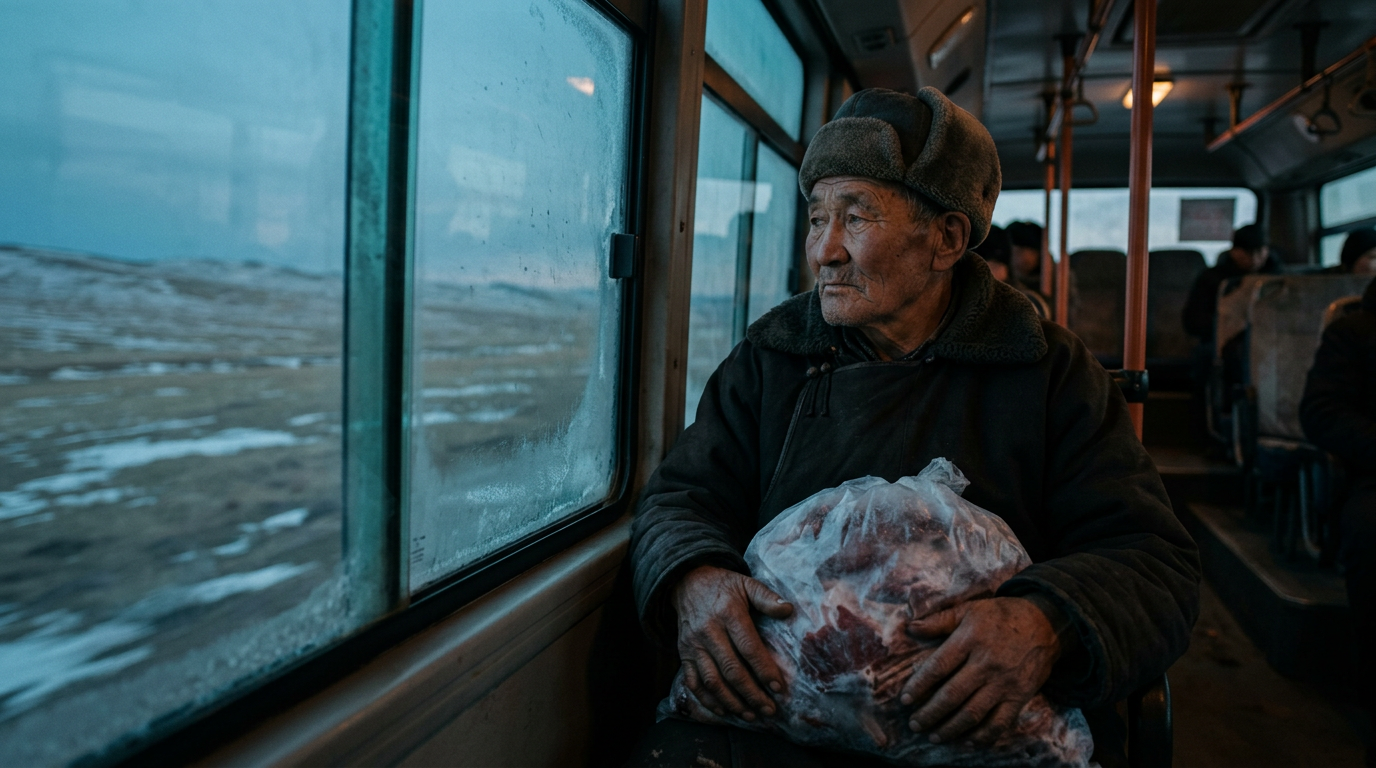 Жигжид өвгөн үүрийн автобусны цонхоор хяруу тогтсон хөдөө талыг ширтэн, ханьдаа авч яваа даавуун цүнхээ өвөр дээрээ тавин сууж байна.