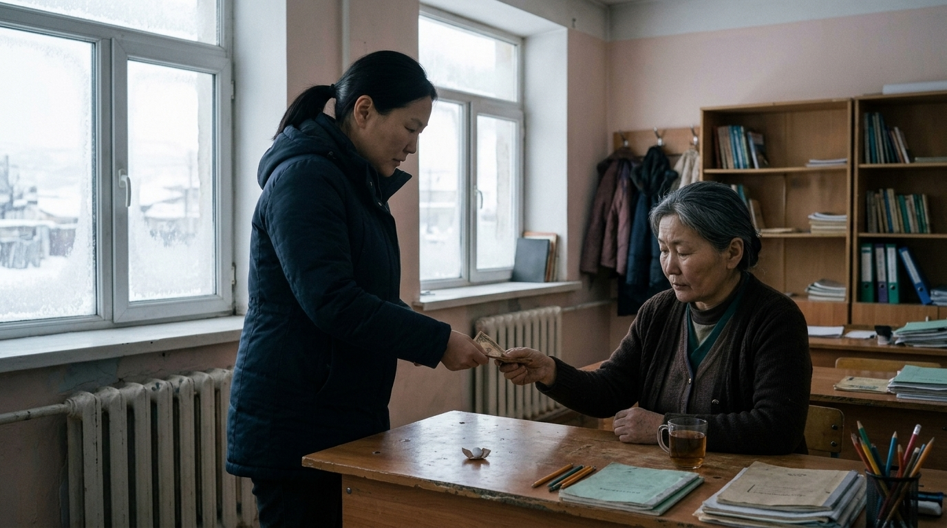 Дөлгөөн сургуулийн ажилтанд олсон мөнгөө өгч байна.